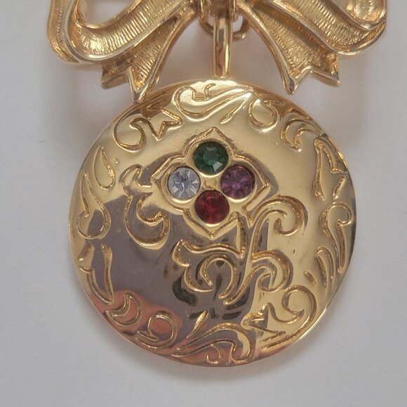 Avon Gold-Tone Bow Brooch Pendant With Engraved Round Pendant & Gem Accents - Picture 2 of 4